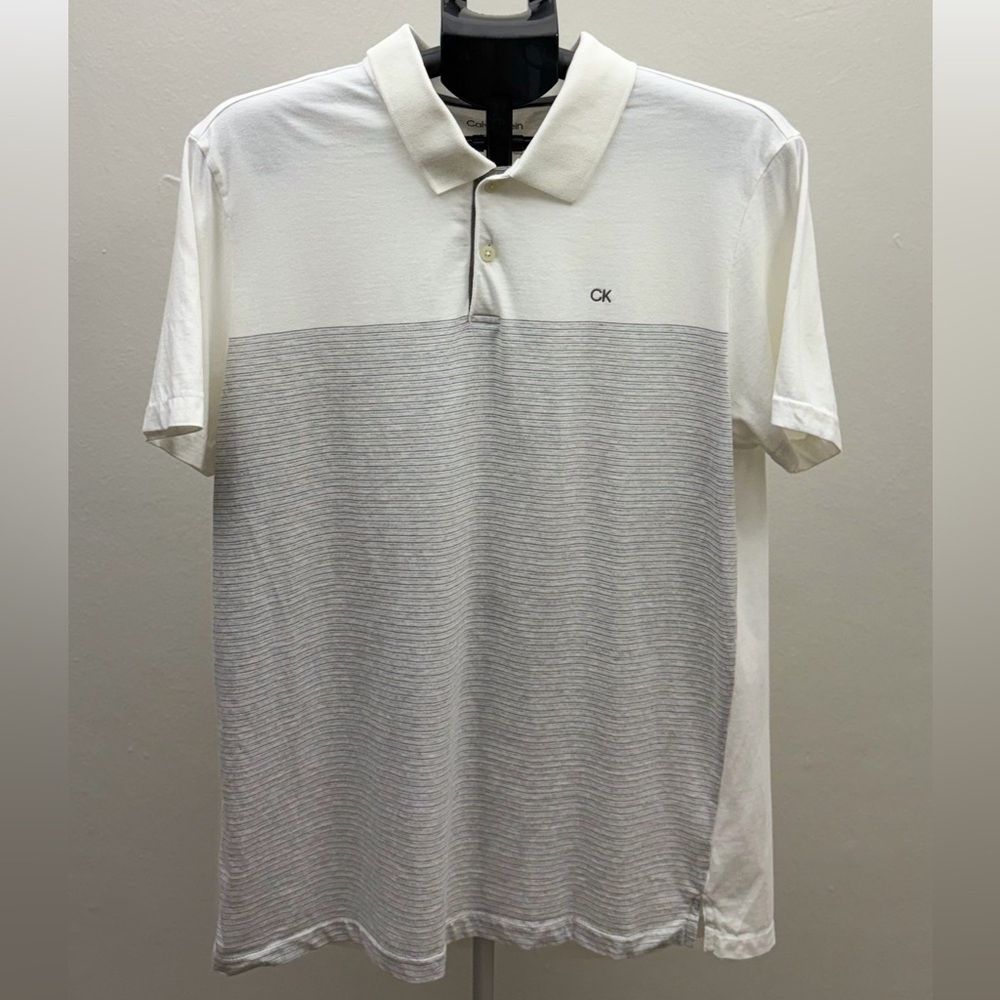 Calvin Klein Liquid Touch Polo Shirt Men Large White Gray Stripe CK Logo